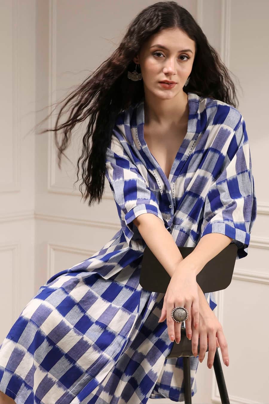 Indigo Blue & White Cotton Checked Flared Midi Dress