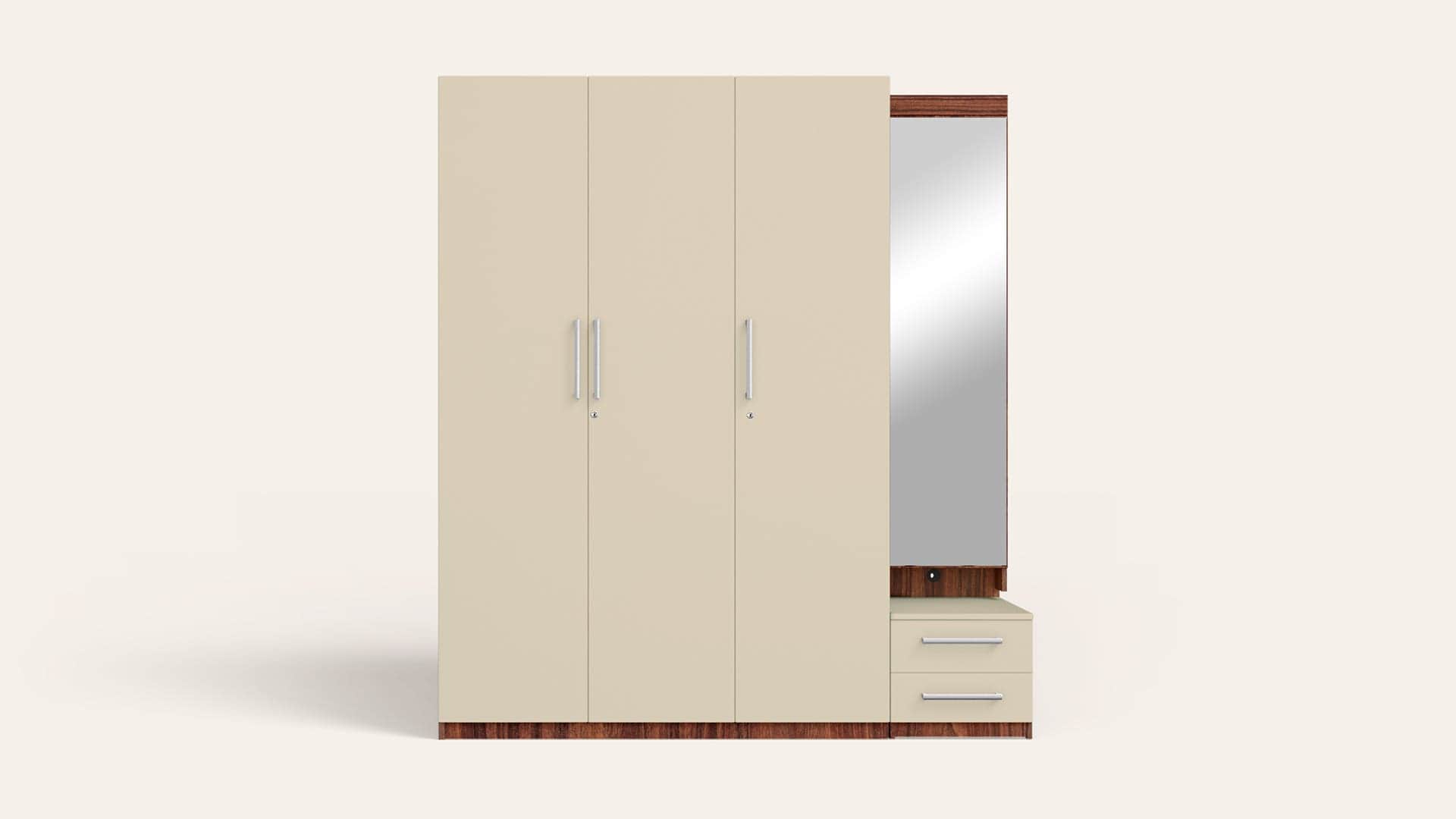 Kalista 3 Door Wooden Wardrobe/Almirah with Dresser (Beige)