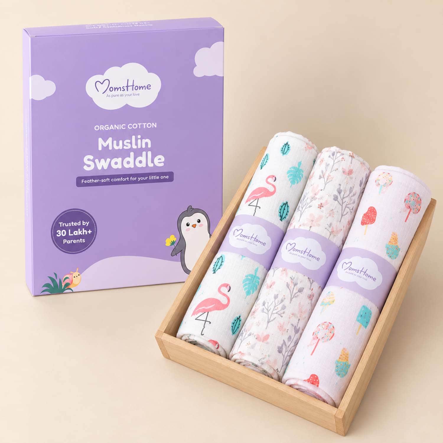 Moms Home Organic Cotton Muslin Swaddle (Flamingo, Blossom, Icecream, Pack of 3)