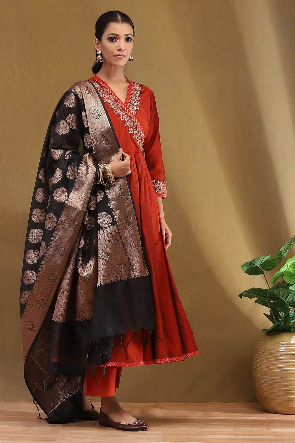 Rust Embroidered Angrakha Festive Anarkali Suit Set