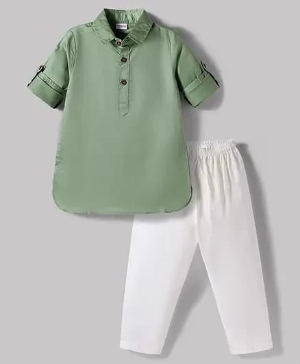 Babyhug Olive Green Cotton Pathani Kurta & Pyjama Set for Kids