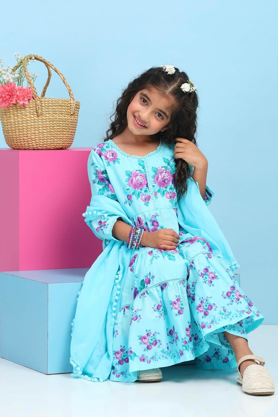 Blue Cotton Printed Tiered Suit Set
