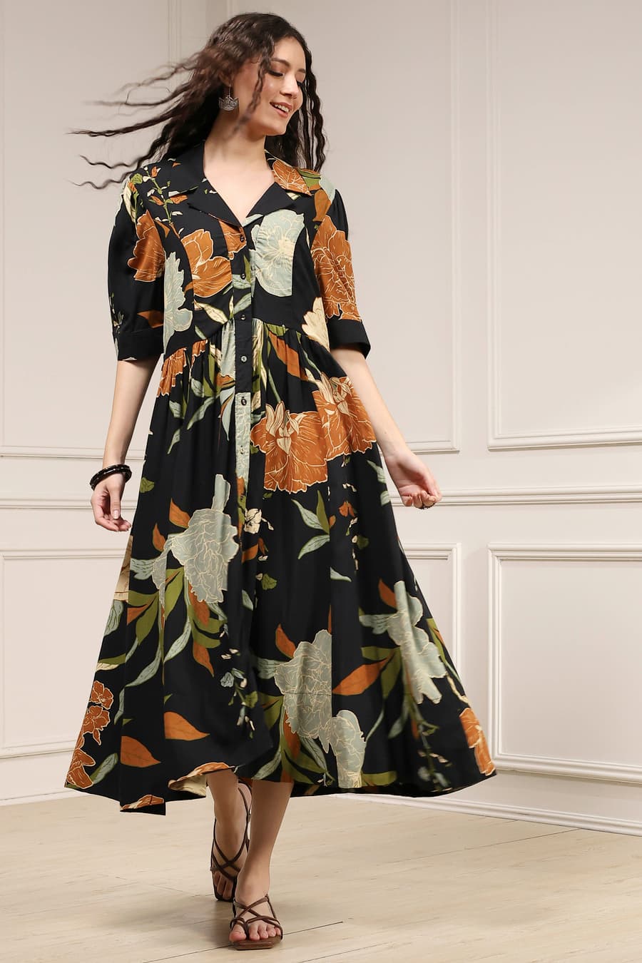 Black Viscose Rayon Floral Printed Dress