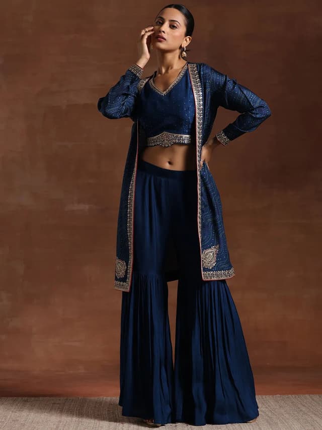 Blue Embroidered Silk Blend Co-Ord Set