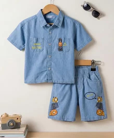 Mark & Mia Half Sleeves Silky Denim Oversized Shirt & Shorts Set - Blue