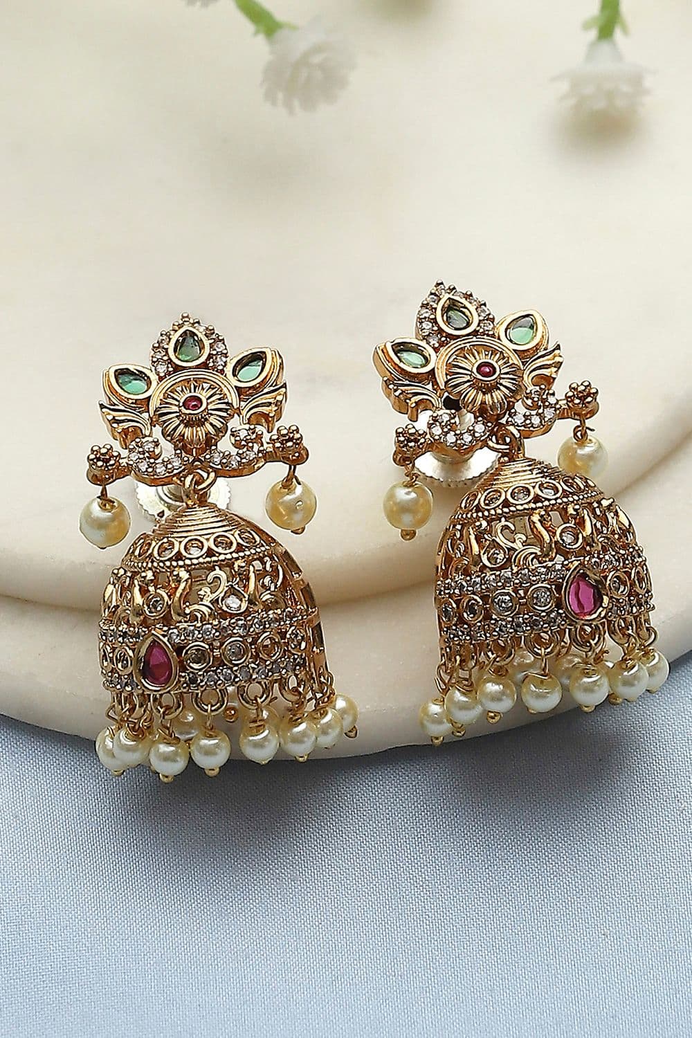 Gold Green Alloy Jhumka Earrings