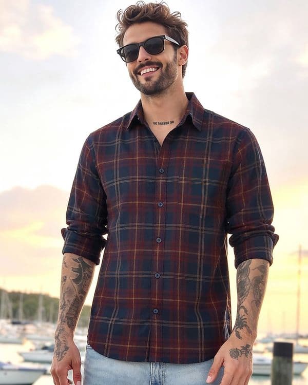 Men's Blue & Maroon Checked Shirt