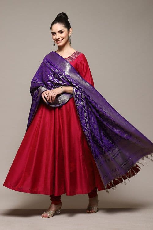 Magenta Poly Brocade Anarkali Yarndyed Kurta Churidar Suit Set