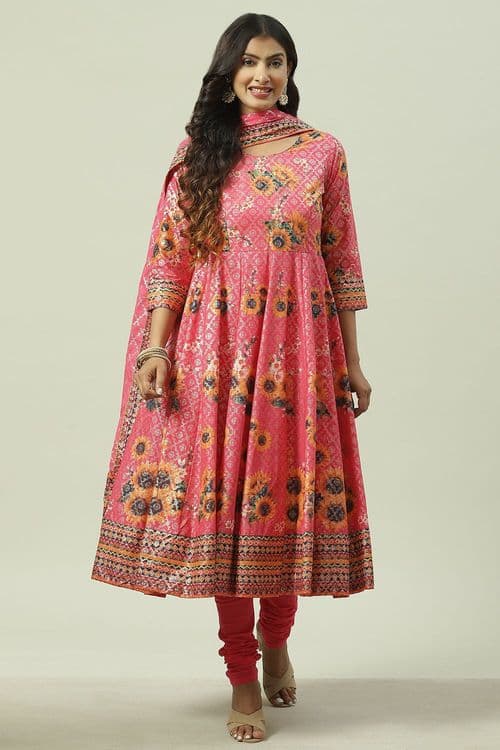 Fuchsia Cotton Anarkali Kurta Churidar Suit Set