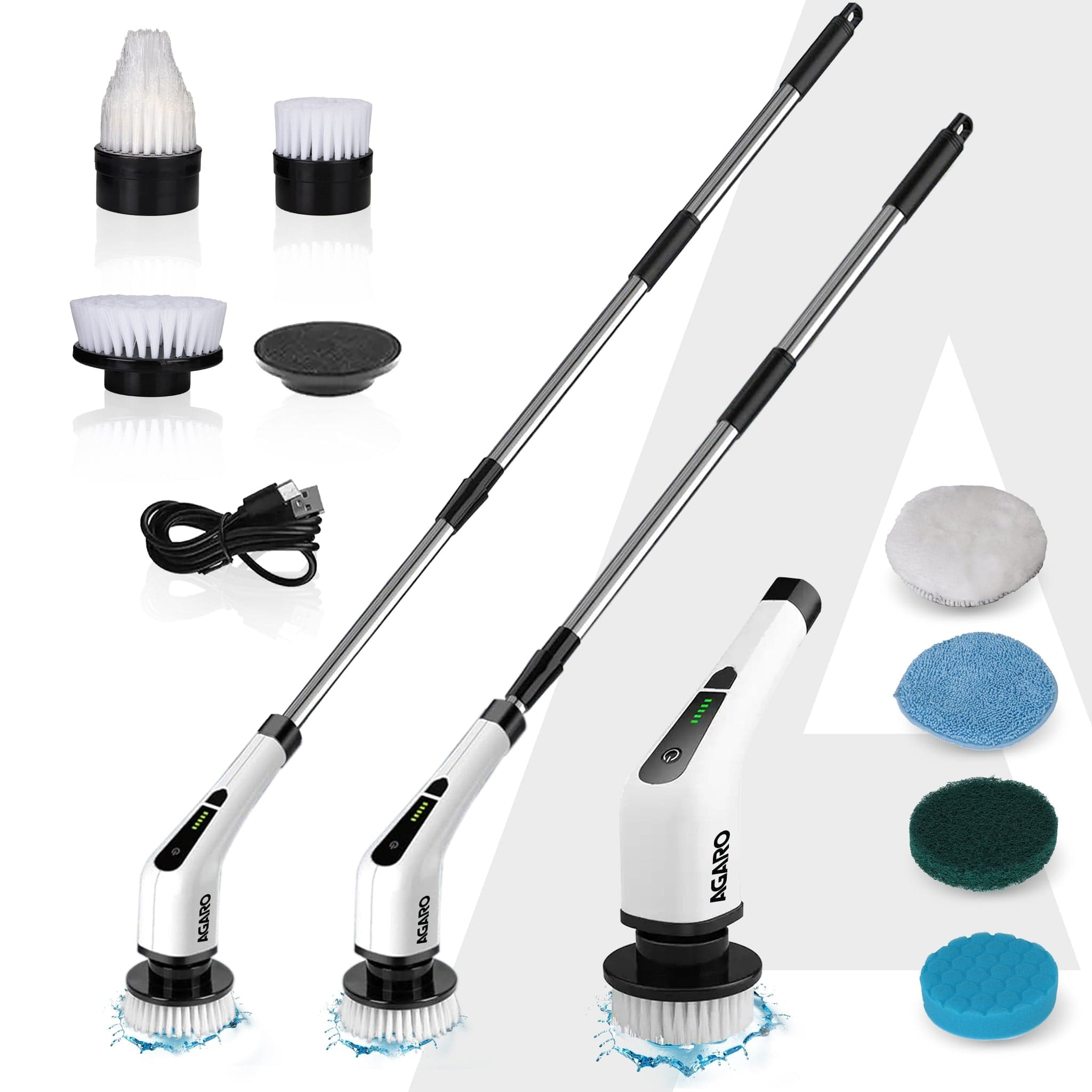 AGARO Royal Electric Spin Scrubber, Cleaning Brush Scrubber for Home, 400RPM/Min, 8 Replaceable Brush Heads, 90 Min Work Time, 3 Adjustable Size, 2 Adjustable Speeds, for Bathroom, Floor Tiles, White