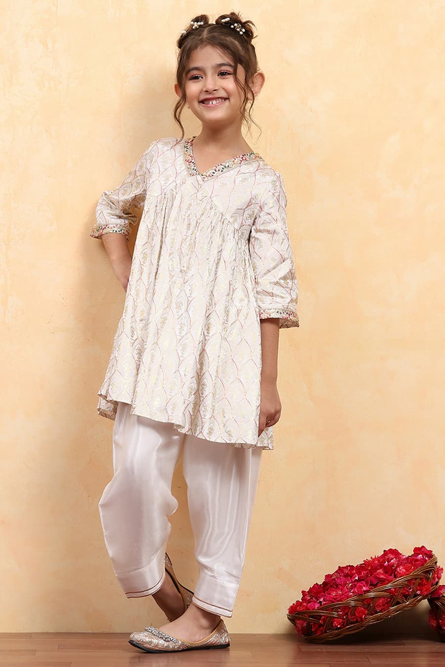 White Viscose Rayon Printed Anarkali Kurta Set