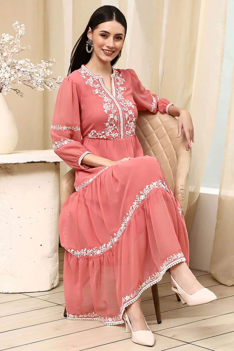 Light Pink Embroidered Tiered Dress