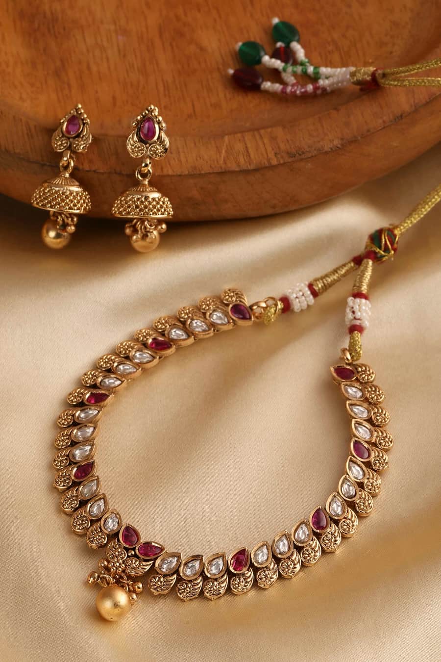 BIBA Red Stone Necklace Set: Festive Brass Jewellery