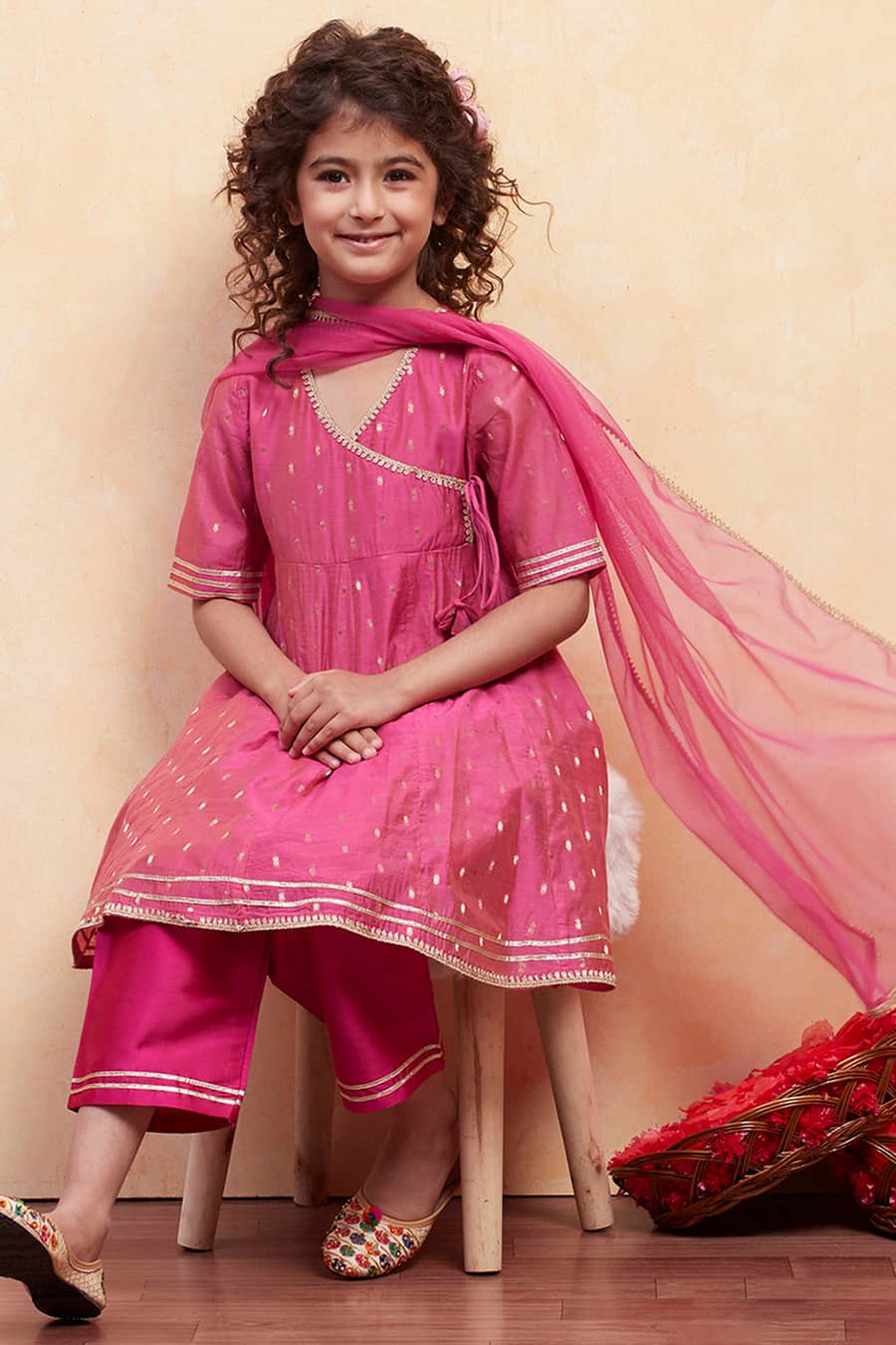 Pink Yarn Dyed Angrakha Anarkali Suit Set