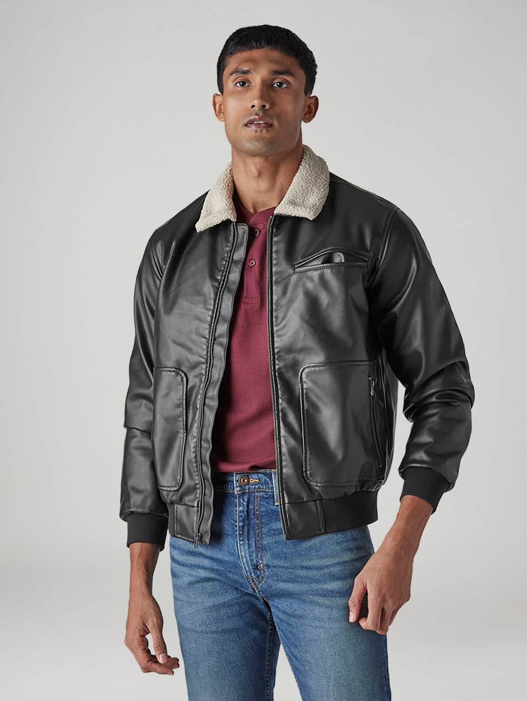 Men's Solid Regular Faux Leather Jacket