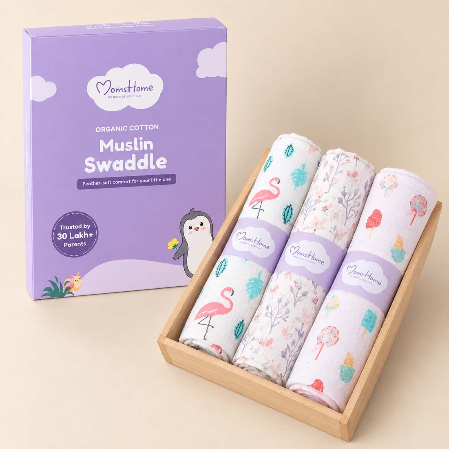 Moms Home Organic Cotton Muslin Swaddle (Flamingo, Blossom, Icecream, Pack of 3)