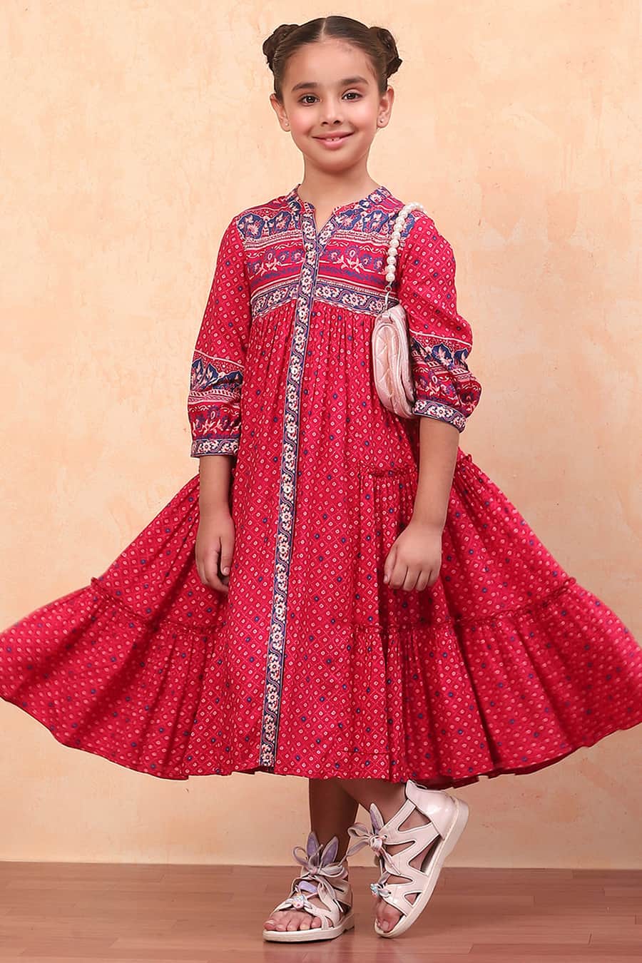 Pink Bandhani Printed Flared Tiered Dress