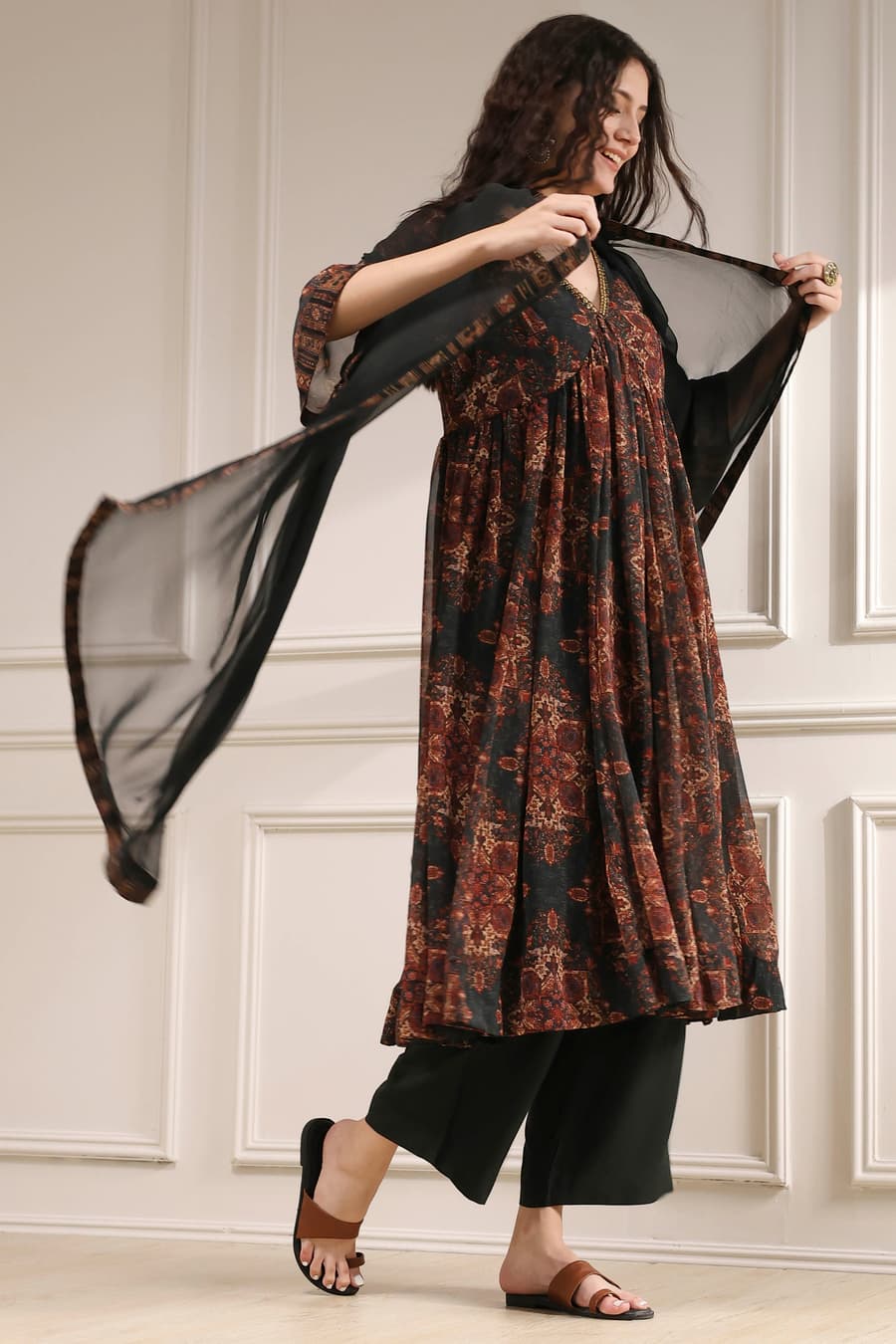 Charcoal Black Printed Gathered Suit Set
