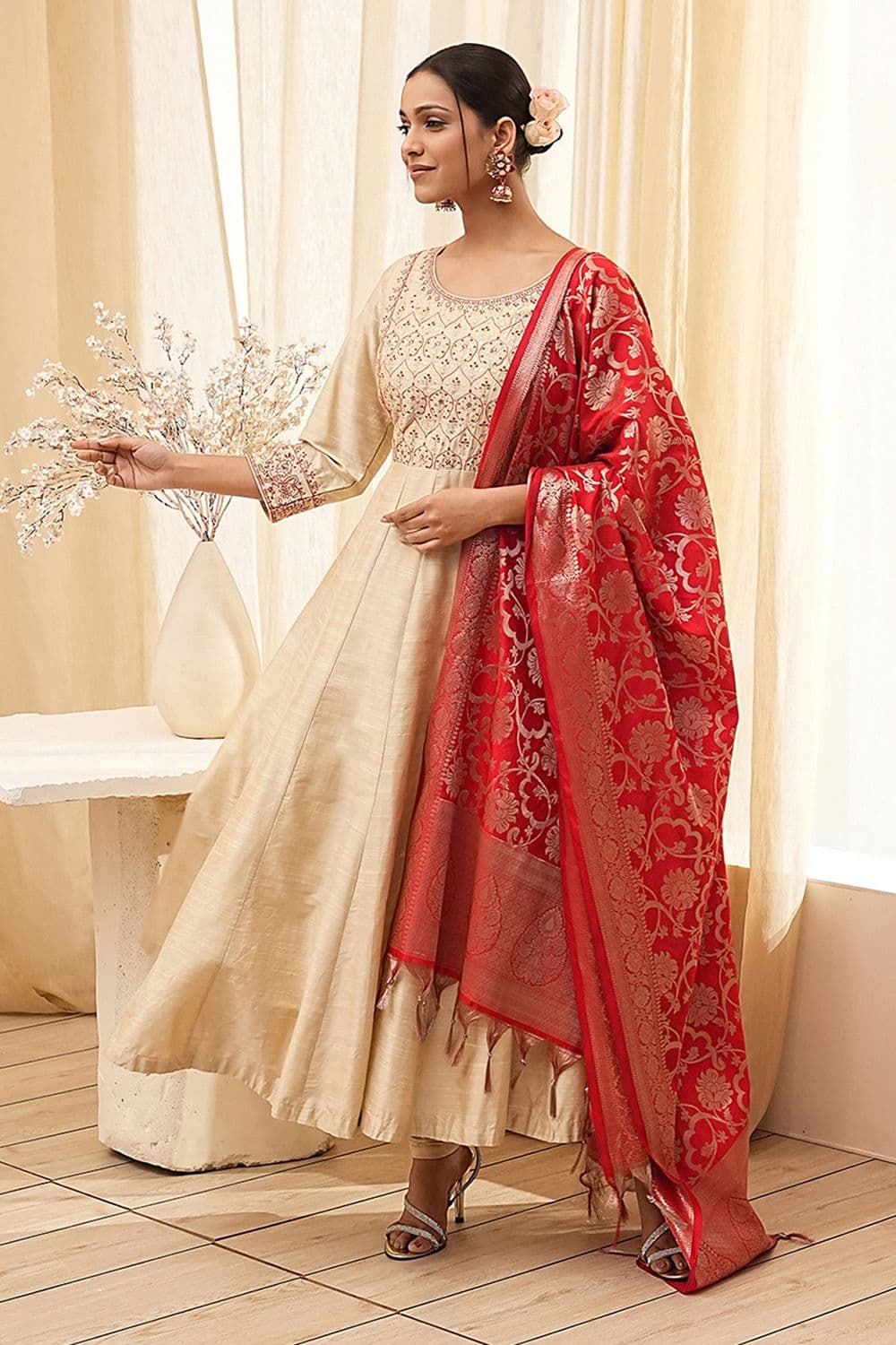 Biba Beige Embroidered Anarkali Suit Set - Elegant Ethnic Wear