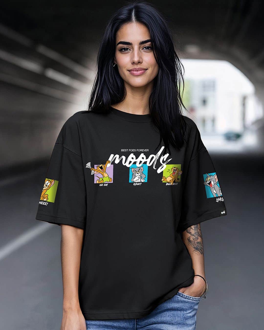 Women's Black Friends & Feelings T&J Graphic Printed Oversized T-shirt