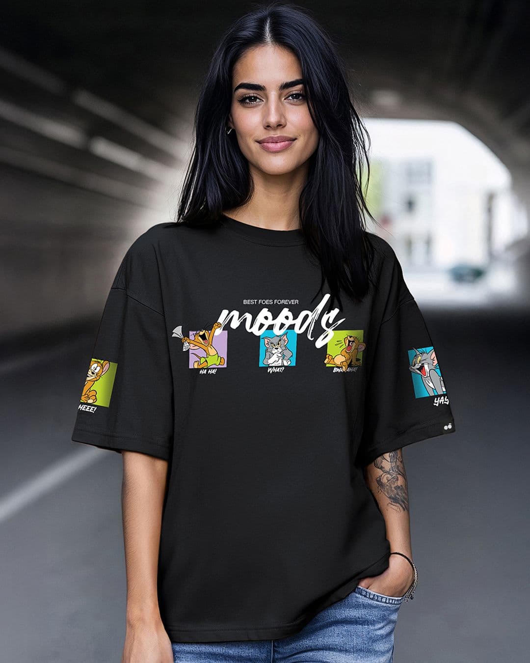 Women's Black Friends & Feelings T&J Graphic Printed Oversized T-shirt