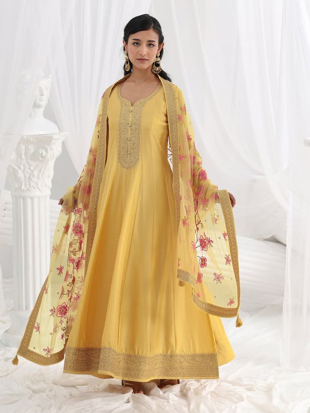 Yellow Embroidered Silk A-Line Gown With Dupatta