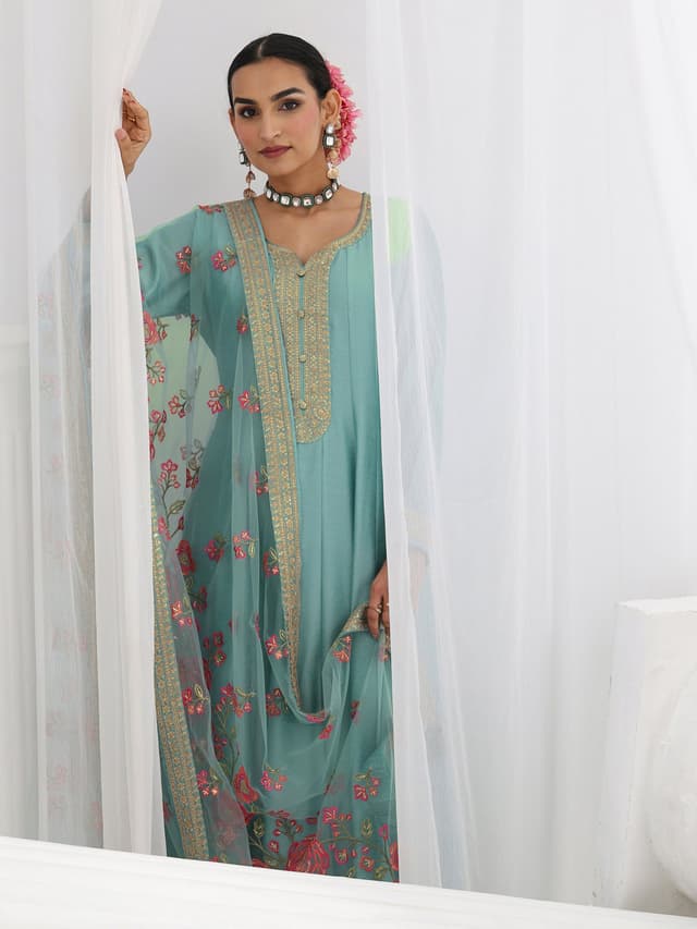 Blue Embroidered Silk A-Line Gown With Dupatta