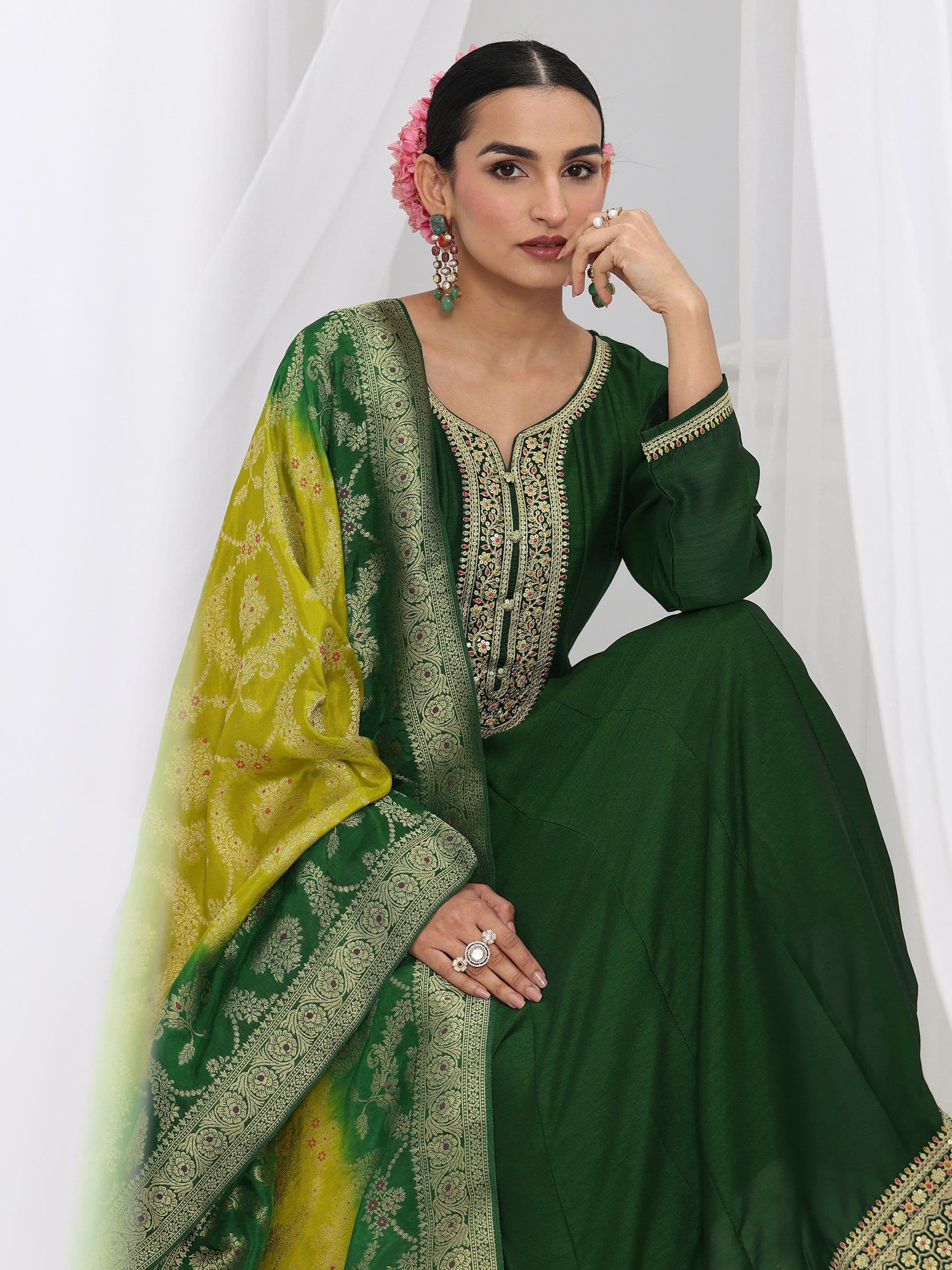 Green Embroidered Silk A-Line Gown With Dupatta