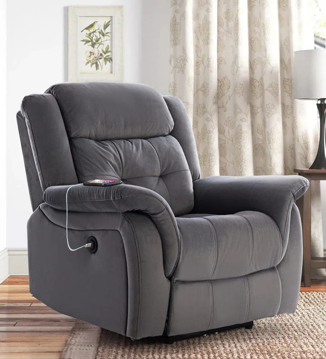 Velvet 1-Seat Recliner in Grey